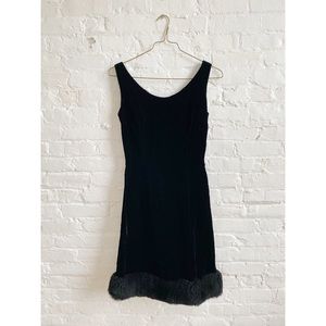 Vintage 1950s Black Velvet & Fur Cocktail Dress